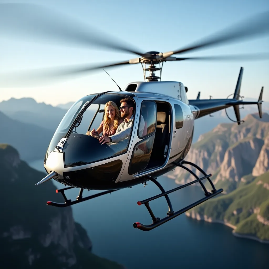 Vue panoramique d'un hélicoptère en vol au-dessus des Alpes suisses.